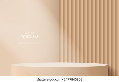 3D realistic brown cylinder product pedestal podium background. Minimal vertical pattern wall scene mockup product stage showcase, Promotion display. Abstract vector geometric forms.