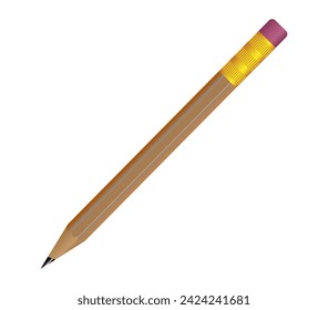 3D Realistic Brown Pencil with Rubber Eraser. Realistic Vector Illustration Design. Wooden Stationery Object for Writing and Drawing. Pencil Cartoon Creative Design Idea Isolated on White Background