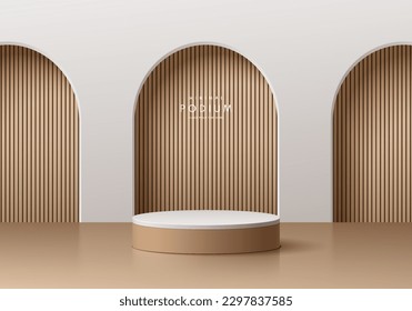 Podio pedestal 3D realista de cilindros marrones y blancos con patrón de madera en el fondo de la puerta de arco. Resumen de productos mínimos de simulación de escena, escaparate de escenario, presentación de promoción. Plataformas geométricas vectoriales.