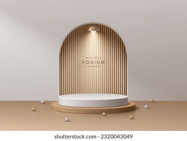 Fondo de podio para peatones de cilindros 3D realista, marrón y blanco con patrón de madera en portón arco. Resumen de productos mínimos de simulación de escena, escaparate de escenario, presentación de promoción. Plataformas geométricas vectoriales.