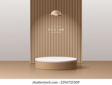 3D realistic brown wood and white cylinder pedestal podium with vertical wood pattern background. Abstract minimal scene for mockup products, stage showcase, promotion display. Vector geometric forms.