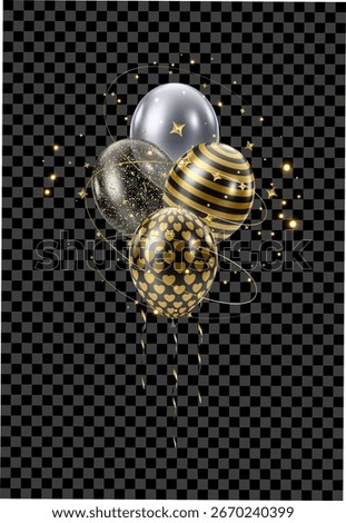 3D realistic bunch of gold black balloons. Huge bouquet of luxury glossy helium balloons. Christmas, birthday card decoration. Celebration design element. Vector illustration EPS10.