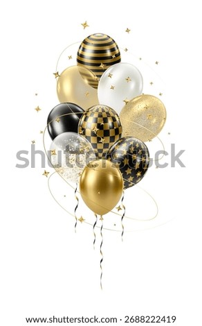 3D realistic bunch of gold black balloons. Huge bouquet of luxury glossy helium balloons. Christmas, birthday card decoration. Celebration design element. Vector illustration EPS10.