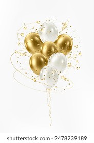 3D realistic bunch of white and gold balloons. Huge bouquet of luxury glossy helium balloons. Christmas, birthday card decoration. Celebration design element. Vector illustration EPS10.