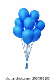 3D Realistic Bunches and Groups of Blue Helium Balloons Vector Illustration.