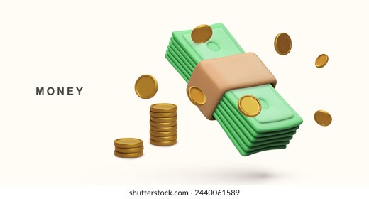 3d Realistic Bundle cash and flyaning coins. money saving. Vector illustration.