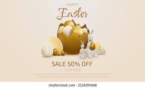 3d realistic bunny with gold easter egg elements. Banner template design.