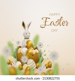 3d realistic bunny with gold easter egg elements with flower and leaf decorations.