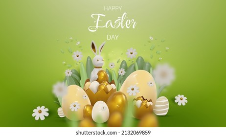 3d realistic bunny with gold easter egg elements with flower and leaf decorations.