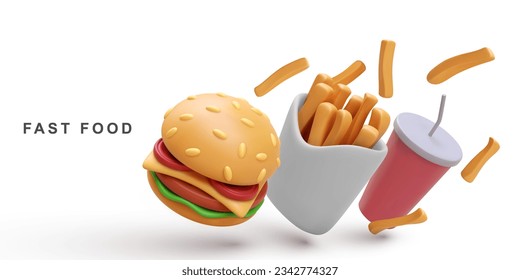 3d realistic burger and soda, fries potatoes. Vector illustration.
