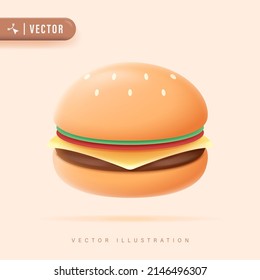 3D Realistic Burger Vector Illustration for Poster Banner Template. Fast Food Design Element on Pastel Background.