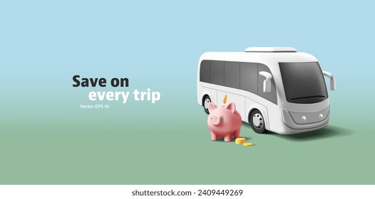 3d realistic bus render illustration with saving piggy and coins, modern public transport concept car