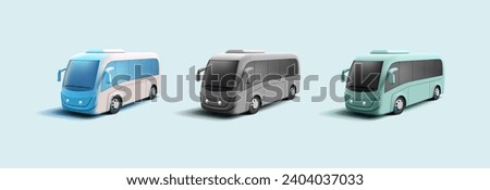 3d realistic bus render illustration set in different colors, modern public transport concept car