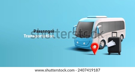 3d realistic bus render illustration with suitcase and tickets for the trip and red geo pin, blue and white colour