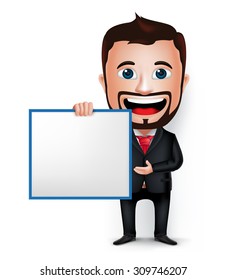 3D Realistic Businessman Cartoon Character Holding and Showing Blank White Board Isolated in White Background. Vector Illustration.
