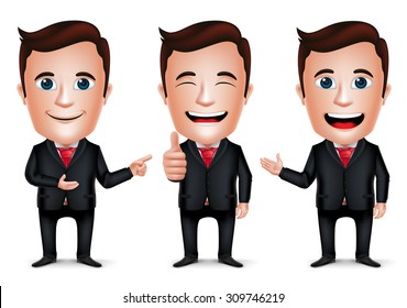 3D Realistic Businessman Cartoon Character with Different Pose and Hand Gesture Wearing Black Suit Isolated in White Background. Set of Vector Illustration.
