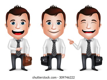 3D Realistic Businessman Cartoon Character with Different Pose Holding Briefcase for Traveling Isolated in White Background. Set of Vector Illustration.
