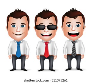 3D Realistic Businessman Cartoon Character Wearing Long sleeve Business Attire and Necktie Isolated in White Background. Set of Vector Illustration.
