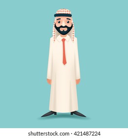 3d Realistic Businessman Sale Presentation Cartoon Character Arab Traditional National Muslim Clothes White Board Icon Stylish Background Retro Cartoon Design Vector Illustration