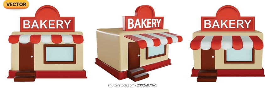 3d Realistic Cafe Bäckerei Shop Icon Set. 3d Realistisches Bäckerei Schaufenster Symbol im Cartoon-Stil. 