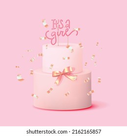 3d realistic cake with stick topper - It's a girl. Baby shower congratulation. Pink Vector illustration.