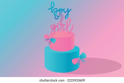 3d realistic cake with stick topper Boy or girl. Baby shower congratulation. Blue and pink Vector illustration. Gradient background. Baby party.
