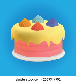 3d realistic cake vector illustration isolated on blue background.