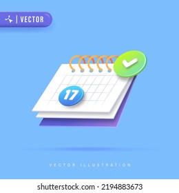 3D Realistic Calendar with Checklist Vector Illustration. 