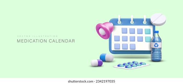 3d realistic calendar and different pills. Reminder to take medication at right time. Medication calendar concept. Vector illustration with place for text and green background