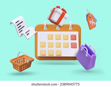 3d realistic calendar, shopping bag and gift box, basket and cash receipt. Shopping planning of gifts and purchases. Vector illustration in cartoon style