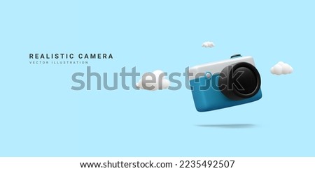 3d realistic camera isolated on blue background.Time to travel concept in minimal style with copy space. Vector illustration