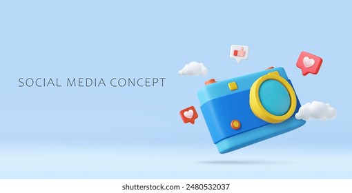 3d realistic camera and social icons. Social media content banner. 3d rendering. Vector illustration