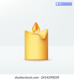 3d Realistic candle burn icon symbol, night and holiday decoration. Wax flame ceremony and christmas meditation concept. 3D vector isolated illustration, Cartoon pastel Minimal style.