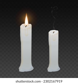 3d realistic candle with flame and smoke on transparent background. Vector illustration EPS10