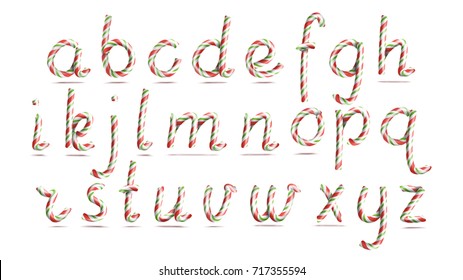 3D Realistic Candy Cane Alphabet Vector. Symbol In Christmas Colours. New Year Letter Textured With Red, White. Typography Template. Striped Craft Isolated Object. Xmas Art Illustration
