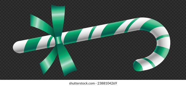 3D Realistic Candy Cane with Green Ribbon Bow Backdrop Vector Candy Cane Christmas Design Element for card postcard or banner designs Top View Lollipop realistic illustration Isolated on Transparent