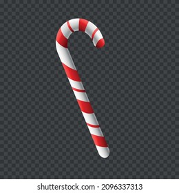 3D Realistic Candy Cane Isolated on Transparent Backdrop. Vector Candy Cane Christmas Design Element for card postcard or banners designs. Top View. Lollipop realistic illustration. 