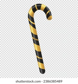 3D Realistic Candy Cane Isolated on Transparent Backdrop. Vector Candy Cane Christmas Design Element for card postcard or banners designs. Top View. Black and gold lollipop realistic illustration. 