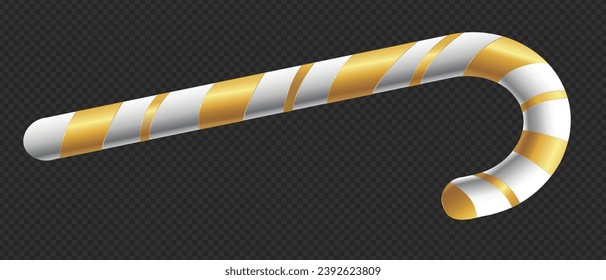 Caña de canto realista 3D aislada en un fondo transparente. Elemento de diseño navideño vectorial Candy Cane para postales o banners de tarjetas. Vista superior. Ilustración realista del blanco y el oro. 