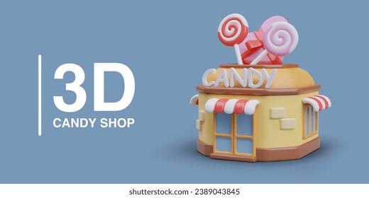 3d realistic candy shop on blue background and place for text. Order of tasty products online. Concept of candies and sweets. Vector illustration in 3d style