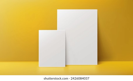 A 3d realistic canvas mockup with blank space, by the wall on yellow background, perfect for posters, art projects, paintings, presentations, marketing materials. Not AI.