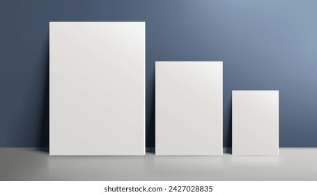 A 3d realistic canvas mockup with blank space, three canvases by the wall on navy blue background, perfect for posters, art projects, paintings, presentations, marketing materials. Not AI.