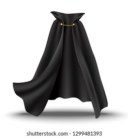 3d realistic cape in black with golden details. Flowing, wavy fabric for carnival, vampire, witches or illusionists.