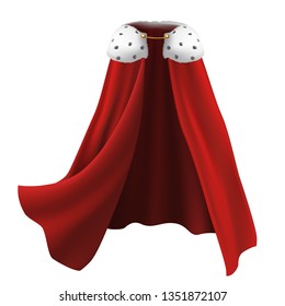 3d realistic cape in red with white fur and golden details. Flowing, wavy fabric for carnival, king and royalty.