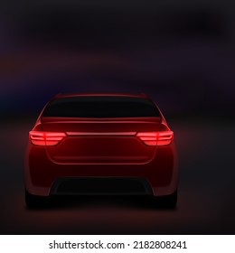 3D Realistic Car Back Lights Glow In Dark Night. EPS10 Vector