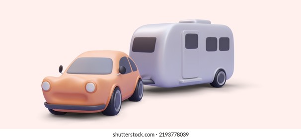 3d realistic car and motorhome with shadow isolated on red background. Vector illustration