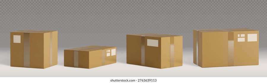 3D realistic cardboard box set with closed delivery parcels, vector set isoleted on transparent background. Brown packages with tape, elements for shipping, transport and express courier services.