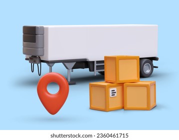 3d realistic cardboard boxes and big trailer. Paper parcels delivery to destination concept. Poster for postal company. Colorful vector illustration with blue background