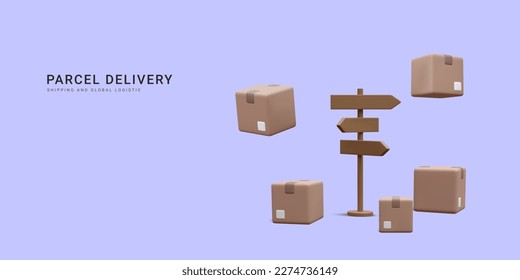 3d cajas de cartón realistas con señal de dirección para banner de entrega rápida. Servicio de envío y logística global. Ilustración del vector