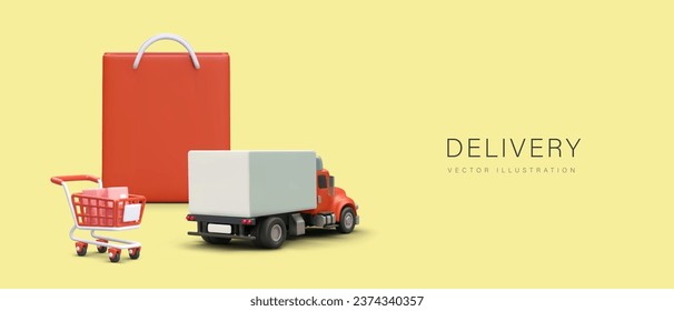 3d carrito realista con paquetes, gran bolsa de compras y camión. Cartel colorido para el cartel de entrega con lugar para texto. Ilustración vectorial de dibujos animados en colores rojo y amarillo